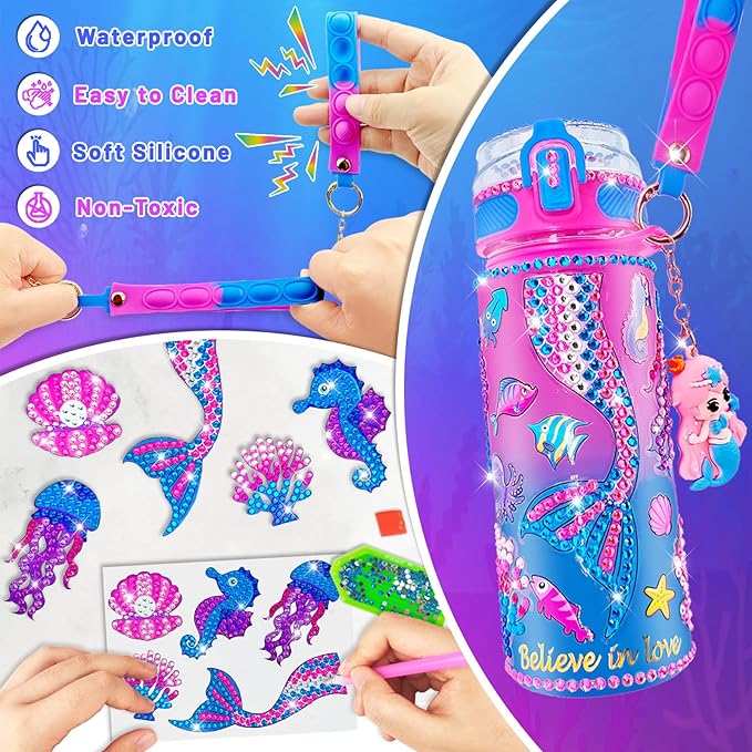 EDsportshouse Decorate Your Own Water Bottle Kits for Girls Age 4-6-8-10,Mermaid Painting Crafts,Fun Arts and Crafts Gifts Toys for Girls Birthday Christmas(Mermaid)