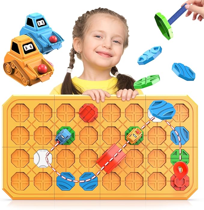 STEM Logic Road Builder Toys: Board Games Toys for 5 Year Old Kids Montessori Brain Teaser Puzzles Educational Learning Activities Toy for Kid Ages 3 4 6-8 12 Boys Girls Gifts (Orange, 62PCS)