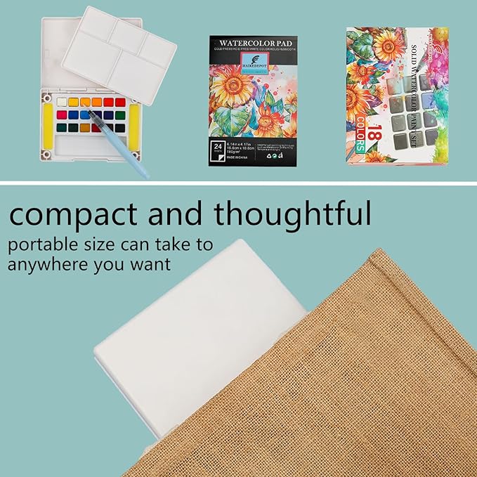 Graspable Watercolor Paint Set,Vivid Colors Painting Set Travel Paint Set Watercolor Sketching Kit with Water Pen,24 Sheets Watercolor Papers,3 Tutorial Video-24Colors
