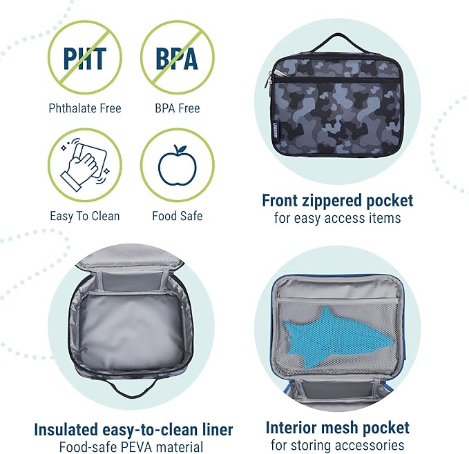 Wildkin Kids Insulated Lunch Box – Durable and Reusable for School & Travel - Black Camo
