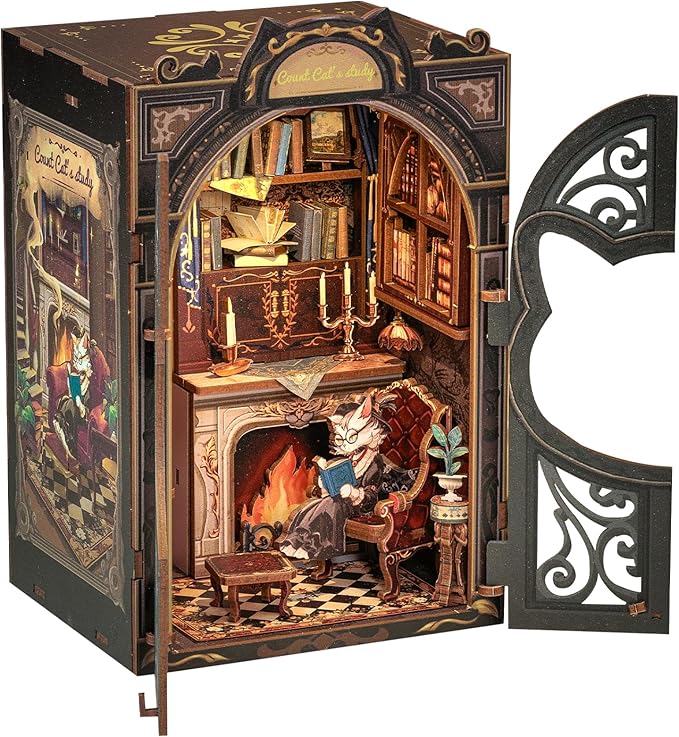 CUTEBEE DIY Book Nook Kit, Miniature House Kits for Adult and Teens, DIY Miniature Book Nook kit with Sensor Led Light, Gifts for Lovers and Family (Count Cat's Study)
