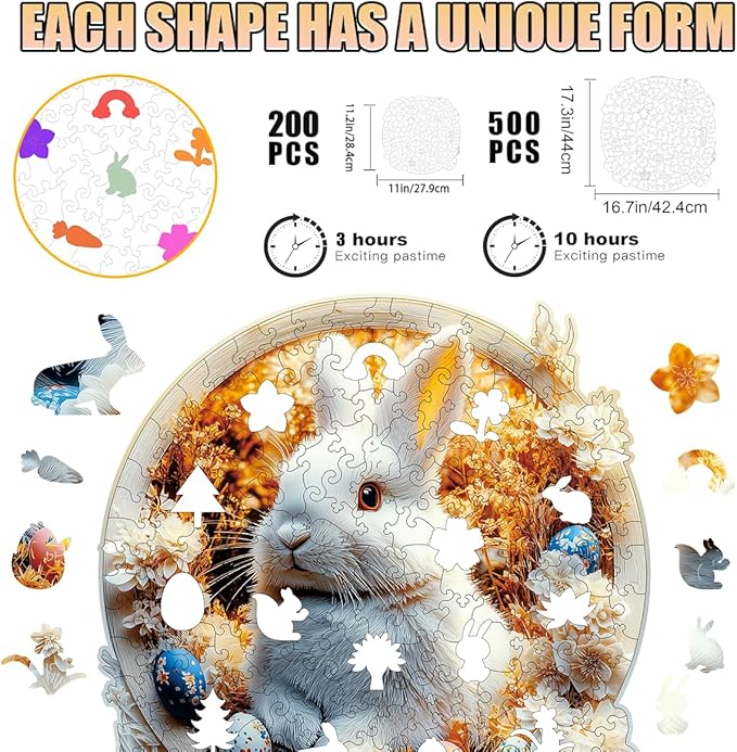 Wooden Jigsaw Puzzle, 200-500 Pieces Unique Shape Animal Puzzle, for Adults & Kids, Birthday Gift Family Game, Decorative Puzzle, Unique Gift (Starlit Bunny, 200 PCS)
