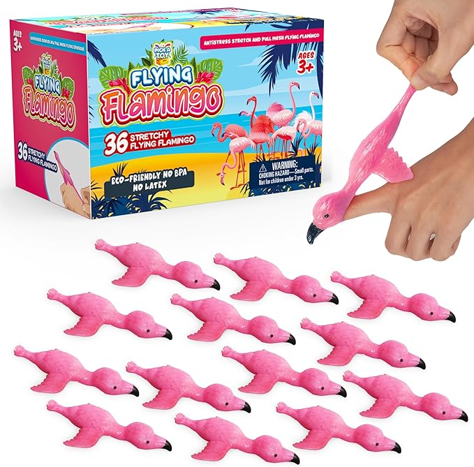 PICK A TOY 36 Pcs Flamingo Party Favors Toys for Kids, Bird Shooter Game Finger Flicker, Tropical Themed Decorations, Treasure Chest for Kids Prizes, Flying Chicken Slingshot