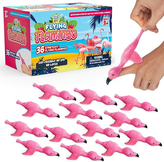 PICK A TOY 36 Pcs Flamingo Party Favors Toys for Kids, Bird Shooter Game Finger Flicker, Tropical Themed Decorations, Treasure Chest for Kids Prizes, Flying Chicken Slingshot