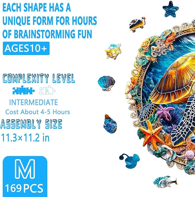 Wooden Puzzles for Adults - Fantasy Ocean Wooden Jigsaw Puzzle for Adults, Colorful Turtle Wood Puzzles Adult, Unique Animal Shape Ocean Puzzle, Wall Art Home Decor (M-11.3 * 11.2in- 169 Pieces)