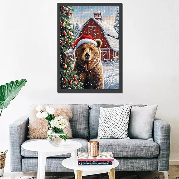 Merry Christmas 1000 Piece Jigsaw Puzzles for Adults Cute Bear Wear in Christmas Hat Painting Jigsaw Puzzle Wooden House1000 Pieces Puzzles Game Home Wall Decor DIY Craft Xmas Tree Puzzle Art Gift