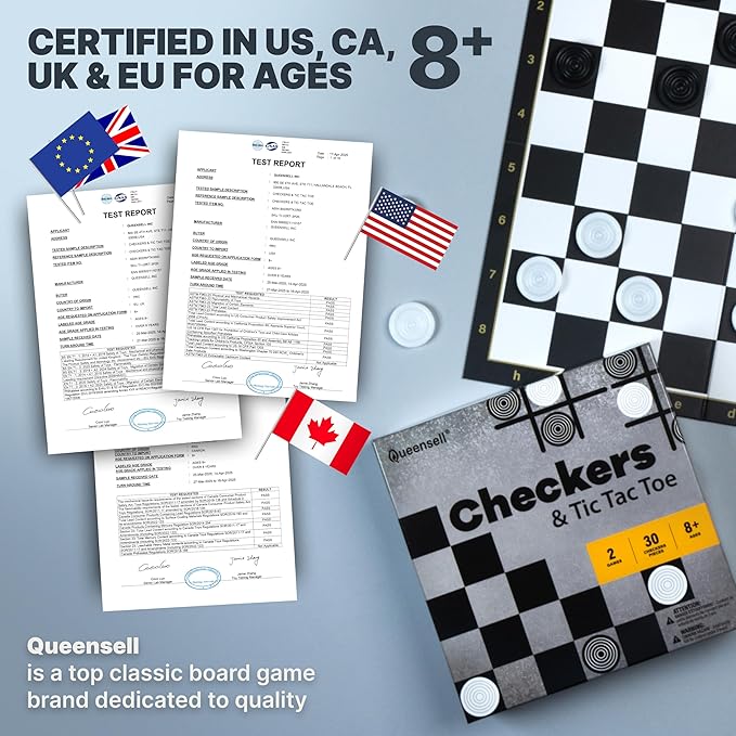 Checkers Board Game with 30 Checkers Pieces - Classic Board Game for Kids and Adults