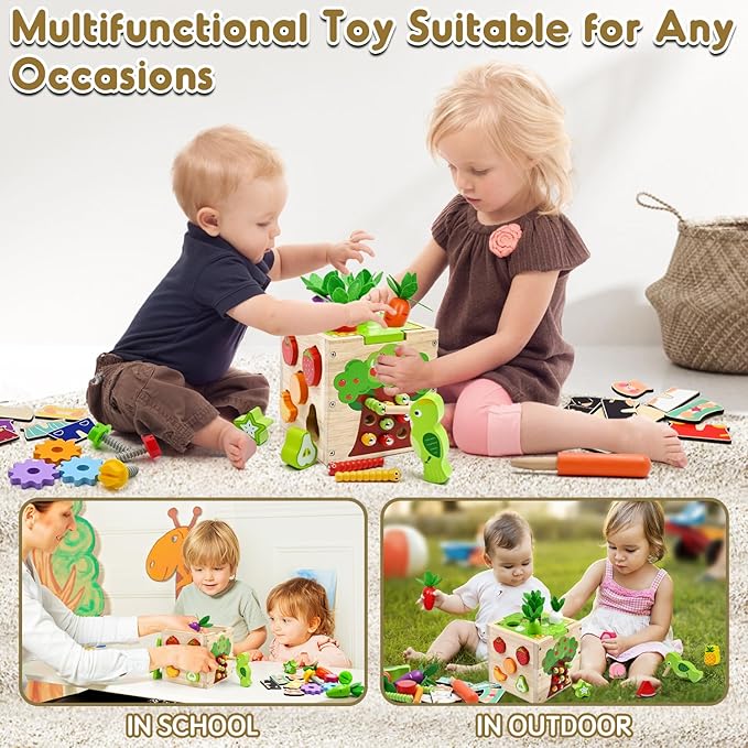 Baby Wooden Activity Cube Montessori Toys for 1 2 3 4 Year Old Boys Girls Birthday Gifts, 5 in 1 Early Educational Learning Toys for Toddlers Kids 12 18 24 Month Fine Motor Skill Games