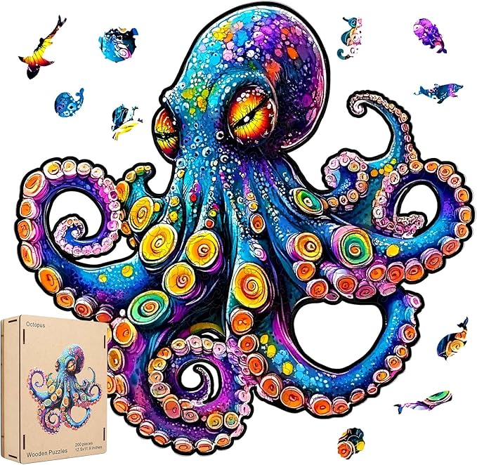 Wooden Jigsaw Puzzle, 200 Pcs Unique 3D Shape Jigsaw Puzzles, Wood Puzzle Gift Box Packing, Medium Size Letter, Creative Gift for Adults and Kids, Fun Challenging (EA4Octopus, 200PCS)
