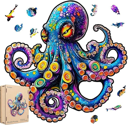 Wooden Jigsaw Puzzle, 200 Pcs Unique 3D Shape Jigsaw Puzzles, Wood Puzzle Gift Box Packing, Medium Size Letter, Creative Gift for Adults and Kids, Fun Challenging (EA4Octopus, 200PCS)