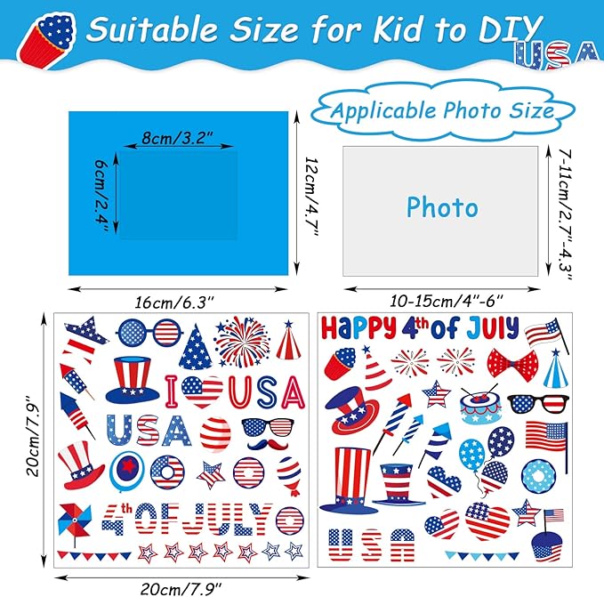 30 Packs 4th of July Picture Frame Craft Patriotic Craft for Kids with Star USA Flag Art Stickers Home Classroom Day-Care Kindergarten Game Activities Party Décor