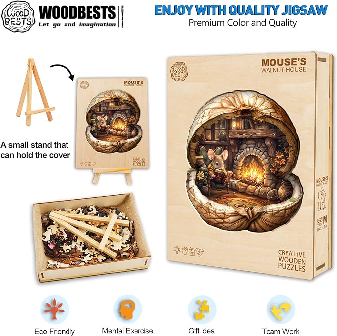 WOODBESTS Wooden Puzzles for Adults - Mouse's Walnut House, Mouse Wooden Jigsaw Puzzle, Unique Animal Wood Puzzles Adult, Xmas Gifts for Puzzle Lovers(95 Pcs, S, 8.5"x7.5")