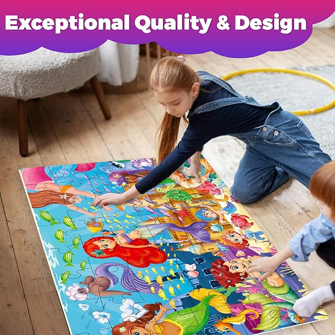 QUOKKA Giant Floor Puzzles for Kids Ages 4-6 - 2x3 Feet Extra-Thick 48 Pieces Toddler Puzzle Ages 3-5 – Mermaid Educational Activity for Boys Girls – Premium Box with Sturdy Handle & Magnetic Closure
