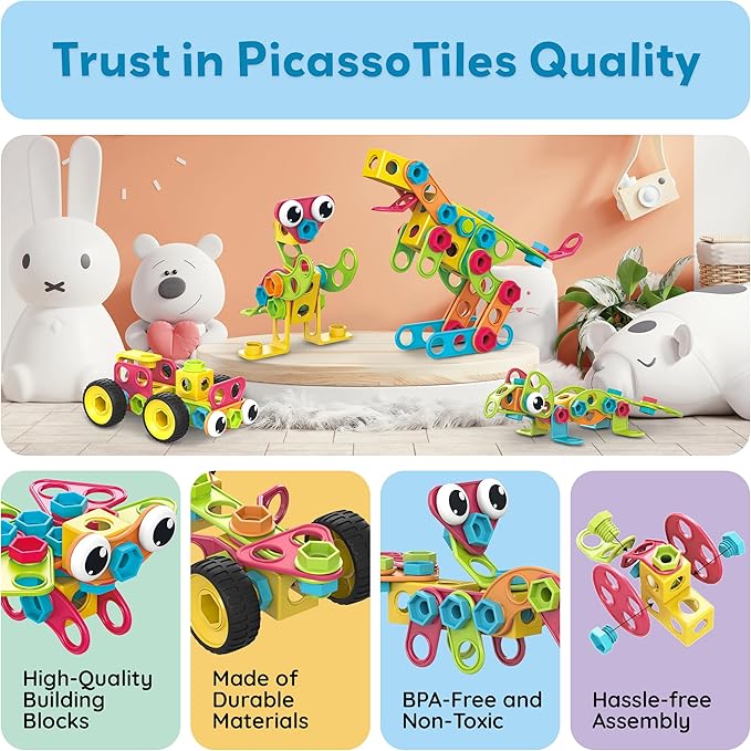 PicassoTiles STEM Learning Toys 250 Piece Building Block Kids Construction Engineering Kit Toy Blocks Children Early Education Playset w/Free IdeaBook, Power Drill, Clickable Ratchet, Age 3+ PTN250