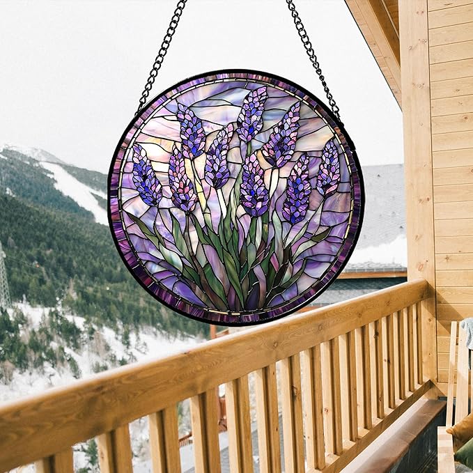 Stained Glass Window Hanging - Purple Flowers Suncatcher for Door Terrace Garden Home Decor Lavender Plant Floral Sun Catcher Birthday Gifts for Lovers Women Men Dad Mom Nana 6.3 in