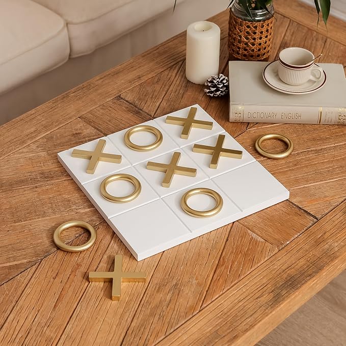 NIKKY HOME 12x12 Inch Tic Tac Toe Wood Game Board Classic Coffee Table Decor Modern Wooden Travel Game for Family, White & Gold