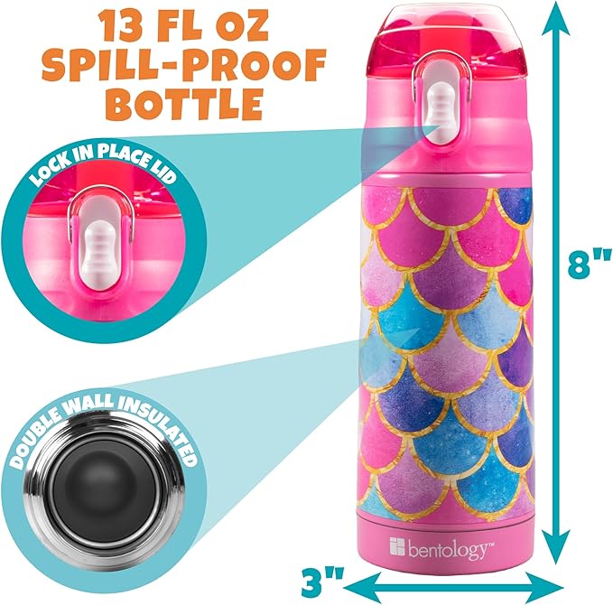 Bentology Kids Lunch Bag Set w Matching Reusable Water Bottle & Hard Ice Pack- Pink Purple Mermaid- Insulated Tote, Stainless Steel Insulated Thermos, Hard Ice Pack- Back to School Lunchbox Kits