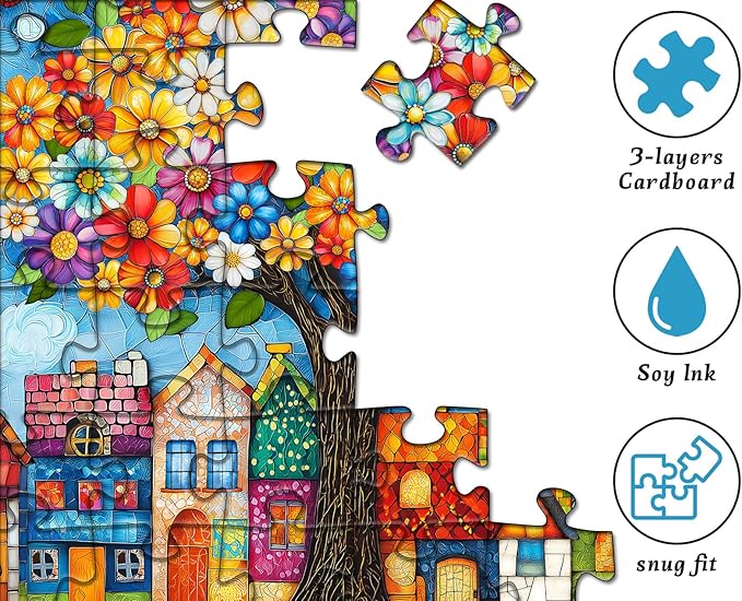 PICKFORU Stained Glass Tree of Life Puzzles for Adults 1000 Pieces, Colorful Village Puzzle with Houses Flowers Trees Butterfly, Nature Impossible Hard Challenge Jigsaw Puzzle