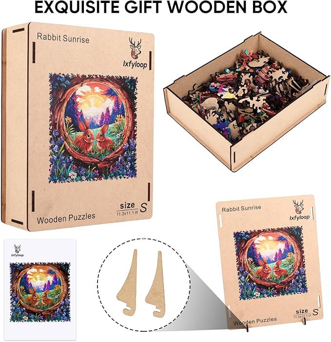 Rabbit Sunrise Wooden Puzzles, 200 Pieces Jigsaw Puzzles 11.3 x11.1 inch, Unique Design Wooden Puzzles for Adults and Kids, Family Game Gift