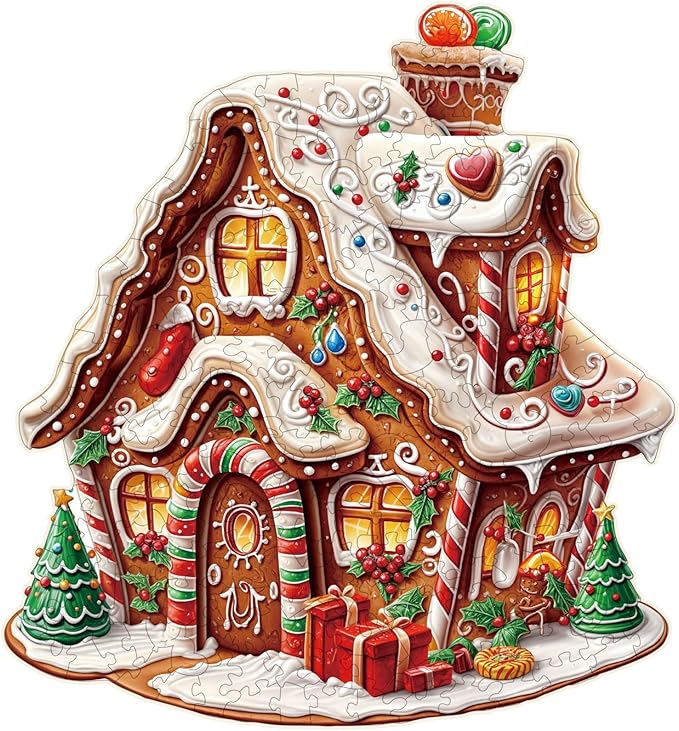Christmas Wooden Puzzles for Adults, Gingerbread House Wooden Jigsaw Puzzle, Unique Shape Wood Puzzles Adult, Presents for Family and Friends, Wall Art Home Decor (L-13.4 * 12.4in- 270 Pieces)