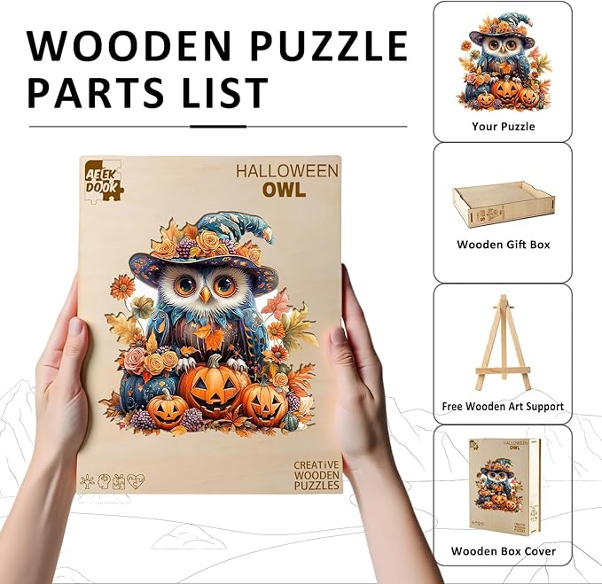 Wooden Puzzles for Adults - 92 Pieces Halloween Owl Wooden Jigsaw Puzzle - Unique Animals Shape Wood Cut Puzzles - Eco-Friendly Home Office Decor (S-8.4 * 7.4in)