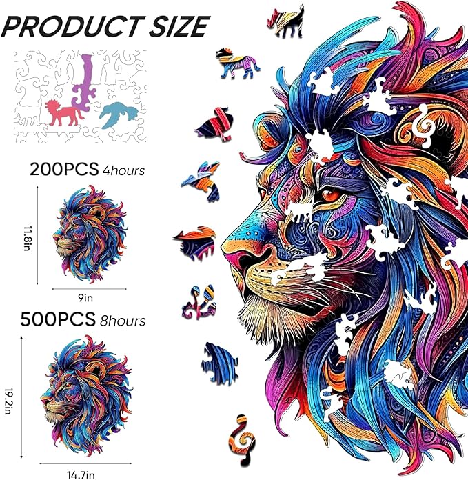 Wooden Jigsaw Puzzle, 200 Pcs Unique 3D Shape Jigsaw Puzzles, Wood Puzzle Gift Box Packing, Medium Size Letter, Creative Gift for Adults and Kids, Fun Challenging (EA4Lion, 200PCS)