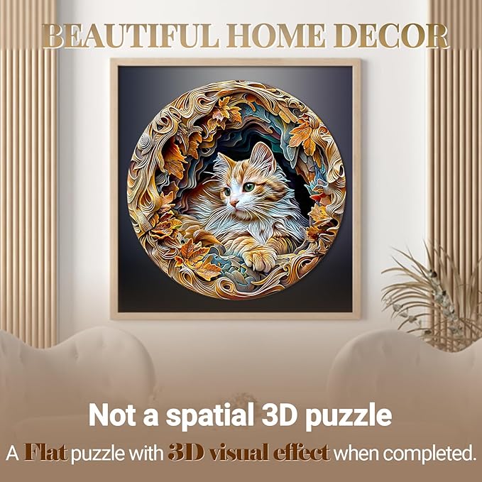 Wooden Puzzle for Adults-3D Vision Effect Cat Wooden Puzzle Unique Shape Advanced Wooden Jigsaw Puzzle for Adult, Wood Puzzles,Challenge Wooden Jigsaw Puzzle (8.5 * 8.5in-100pcs)
