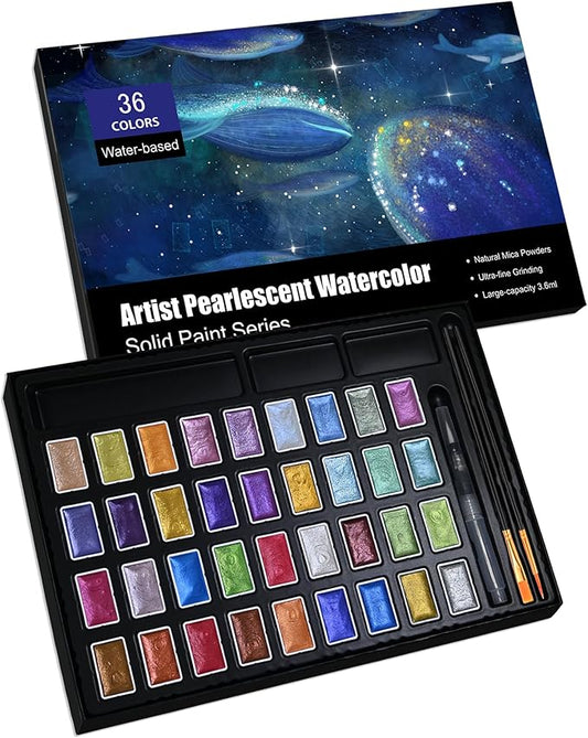 Shimmer Watercolor Paint Set, 12 Colors Glitter Metallic Watercolour Painting Sets, Solid Pearl Water Color Paints for Artists, Amateur Hobbyists and Painting (36 Colors)