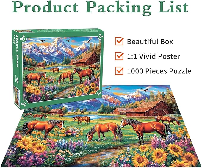 Horse Ranch Jigsaw Puzzles 1000 Pieces for Adults Sunflowers Meadow 1000 Piece Jigsaw Puzzles for Adults