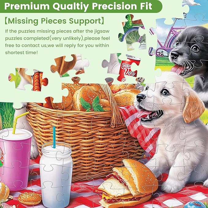 100 Piece Dog Puzzles for Kids Ages 6-8 8-10 - Picnic Puppy Jigsaw Puzzles - 100 Piece Senior Jigsaw Puzzle for Toddlers Kids Puzzles Ages 3-5 Toys Birthday Gifts for Boys Girls Adults-15 x 19 in