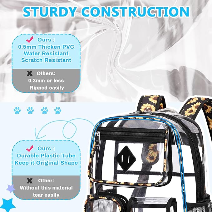 Clear Backpack for School,Heavy Duty PVC Transparent Bookbag for Girls Stadium Approved See Through Backpack
