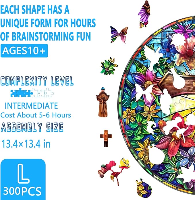 Wooden Puzzles for Adults, Stained Glass Cross Wooden Jigsaw Puzzle for Adults, Colorful Flowers Wood Puzzles Adult, Unique Shape, Fun Gifts for Friends & Family, Home Decor(L -13.4 * 13.4in-300 pcs)