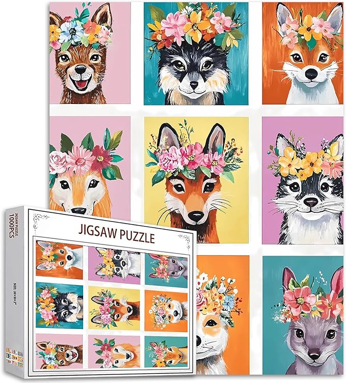 1000 Piece Jigsaw Puzzles for Adults Running Cute Animal Painting Jigsaw Puzzle Fox with Floral Crown Puzzles for Challenging Family Activity Wildlifer Art Puzzle Wall Decor Boho Gift (Colorful)