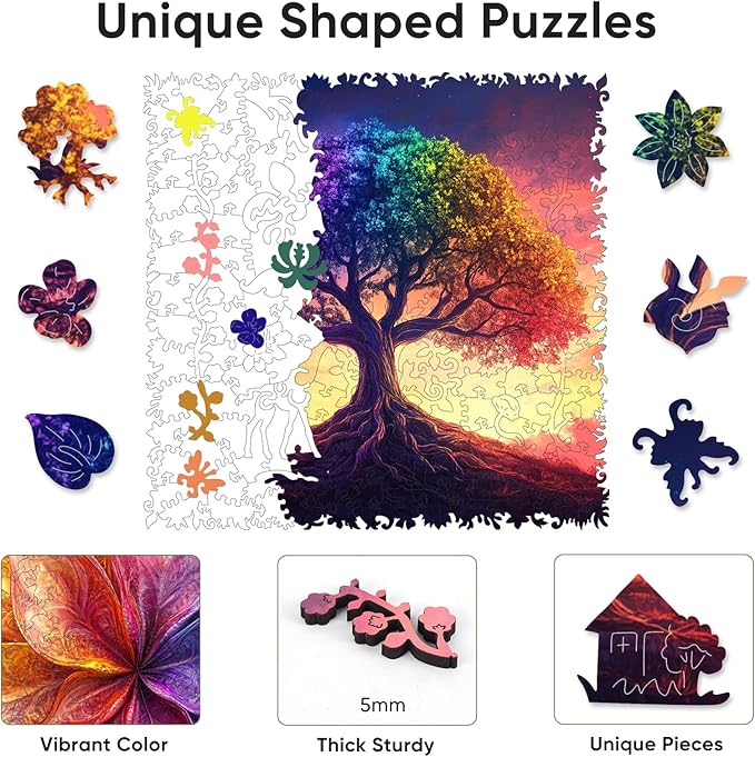 Ruikiyart Wooden Puzzles for Adults, 5MM 500 Pieces Color-Tree of Life Wooden Jigsaw Puzzles, Plant Unique Shaped Puzzle Gifts for Adults and Kids on Thanksgiving, Family Puzzle Games(15.9"*15.7")
