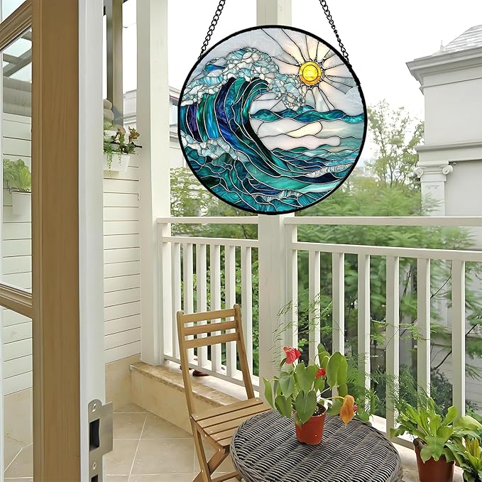 Stained Glass Window Hanging - Blue Green Waves Suncatcher for Door Terrace Garden Home Decor Sunrise Over The Sea Sun Catcher Birthday Gifts for Lovers Women Men Dad Mom Nana 15 in