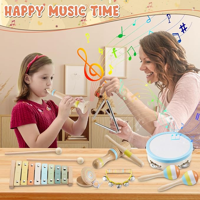 Baby Musical Instruments Set Montessori Wooden Music Toys for Toddlers 3 4 5 Neutral Color Percussion Music Kit with Drum, Xylophone,Storage Bag, Birthday Preschool Learning Gift for Boys Girls