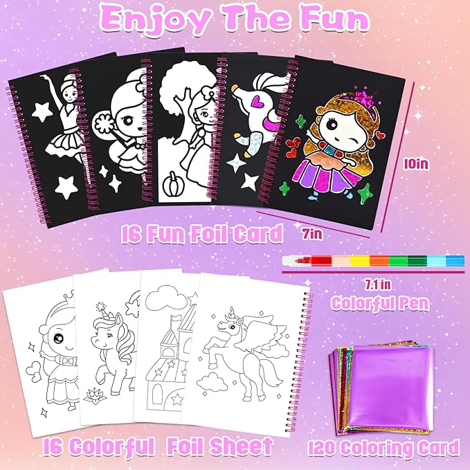 LICSOR Foil Art Crafts Activity for Kids, Craft Gift for Girls Kids Ages 4-6-8-12, Fun DIY Creative Travel Toys Art Supplies, Unicorn Princess Birthday Gift for Girls 5 6 7 8 9 10 Years Old