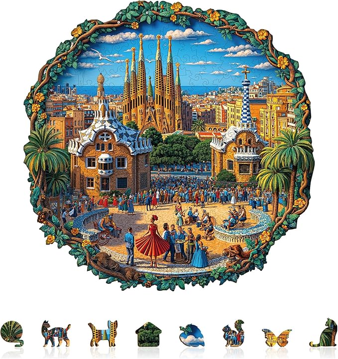 Jigfoxy Wooden Puzzles for Adults, Barcelona Plaza Wood Puzzles Adult, Unique Animal Shape Wooden Jigsaw Puzzles for Adults, Birthday Gifts for Puzzle Lovers, Family, Friend (M-11.4 * 11.4in-200pcs)