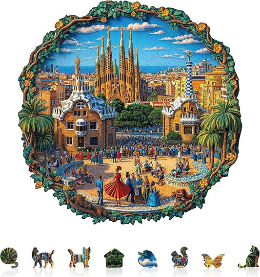 Jigfoxy Wooden Puzzles for Adults, Barcelona Plaza Wood Puzzles Adult, Unique Animal Shape Wooden Jigsaw Puzzles for Adults, Birthday Gifts for Puzzle Lovers, Family, Friend (M-11.4 * 11.4in-200pcs)