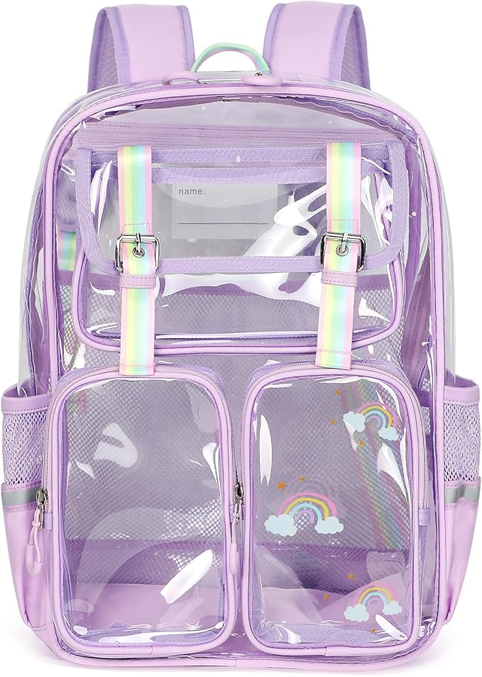 Clear Backpack for School - 17" Transparent Backpacks With Water-Resistant PVC Plastic Material and Ruggedly Reinforced Shoulder Straps, School Bag for Teen Boys Girls Purple