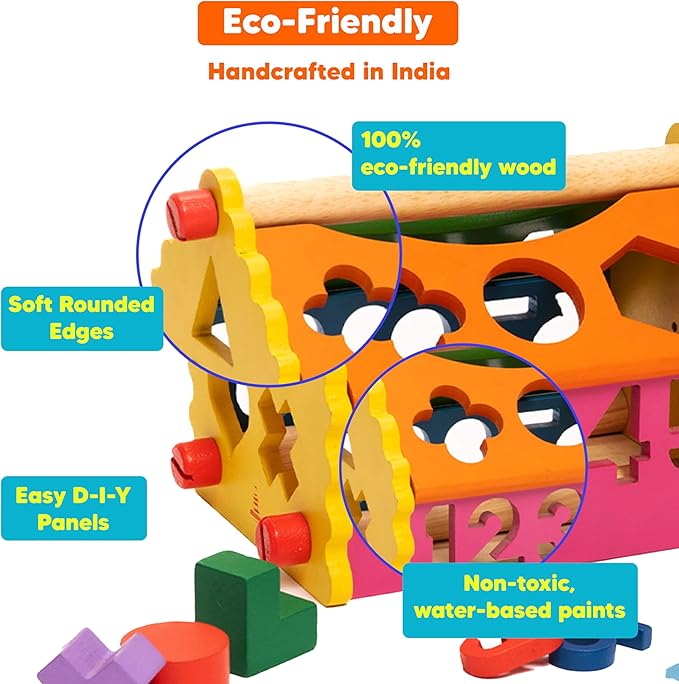 6-in-1 Wooden Shape Sorter for Toddlers 1 2 3+ Years | Educational Montessori Toy with Numbers, Shapes, Colors | Develops Fine Motor Skills | 100% Child Safe | Learning Gift for Kids