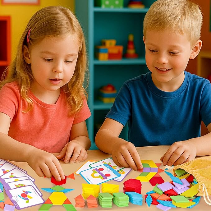 LovesTown 209 PCS Shapes Wooden Pattern Blocks for Kids,Geometric with Activity Cards and Storage Bag, Educational Tangram Puzzles,Great Learning Gift from Parents or Teachers