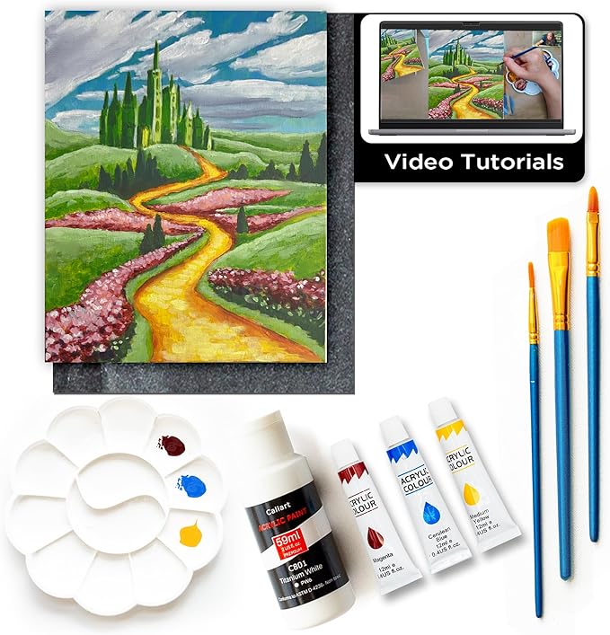 Painting4Real DIY Painting Class Kit for Adults with Video Tutorials: Learn to Paint Wizard of Oz Yellow Brick Road – How to Paint with Acrylics – Painting & Art Supplies – 9 Piece Acrylic Paint Set