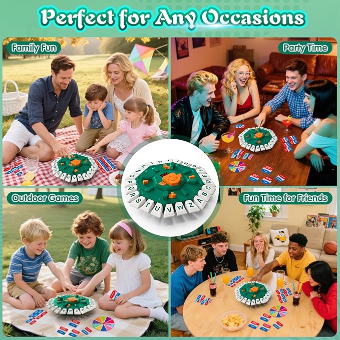 Family Board Word Games for Kids & Adults w/Display Timer, Fast Paced 24-Letter Learning Party Card Game with Spinning Penalty Wheel, 2 Modes & 220 Topics, Xmas & Birthday Gifts, Green