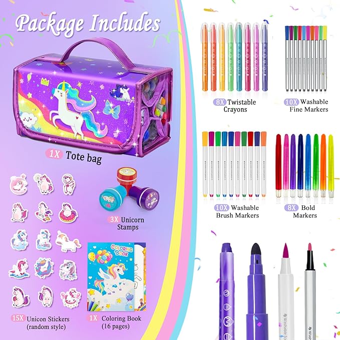 weirtoya 56 PCS Washable Scented Markers Set with Glitter Pencil Case, Mermaid Unicorn Arts and Crafts for kids 4-6-8 Kids Coloring Drawing Kits for 4-8 Years Old Girls Birthday Gifts