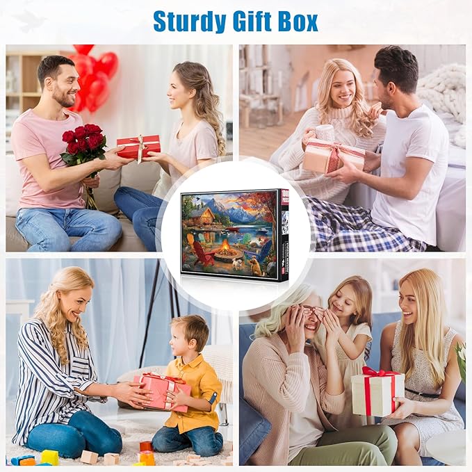 Lake Retreat Cottage Jigsaw Puzzle for Adults 1000 Pieces - Fall Landscape Puzzle with Log Cabin, Dogs, Ducks & Mountains - Challenging Nature Autumn Puzzle, 28x20in - Family Games & Gift