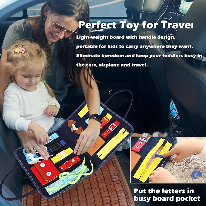 Esjay Toddler Busy Board, Sensory Board for Fine Motor Skill, Montessori Toys Educational Learning Toddler Activities for 3+ Year Old, Travel Car Airplane Toys Gifts for Boys Girls,Blue Alphabet