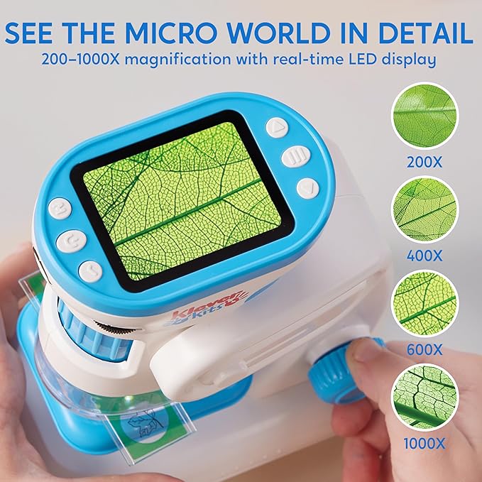 Klever Kits 2 in 1 Handheld Microscope for Kids, 1000X HD Digital Kids Microscope with 2.0'' LED Screen, Portable Pocket Handheld with Slides, 32G Card, Edu Gifts Toys for Ages 5-12