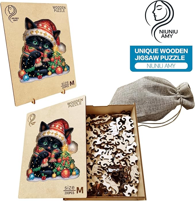 Wooden Jigsaw Puzzle for Adults,Christmas Cat Puzzle 200 Piece,Unique Shape Puzzle Challenge 11 x 11 Inch,Beautiful Wooden Puzzles Birthday Gifts for Adults Family Game