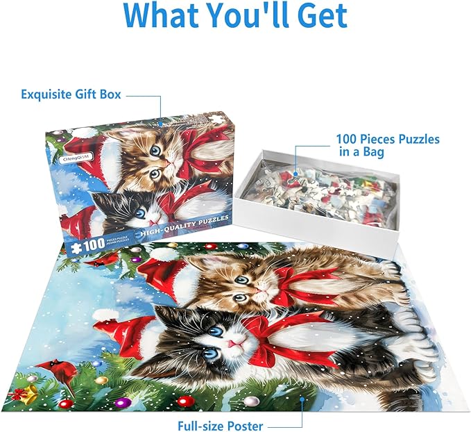 Christmas 100 Piece Puzzles for Kids, Christmas Cat 100 Piece Puzzles for Adults, Cute Kitten 100 Pieces Puzzle for Kids Ages 4-8, Jigsaw Puzzle for Seniors Teens Brain Teaser